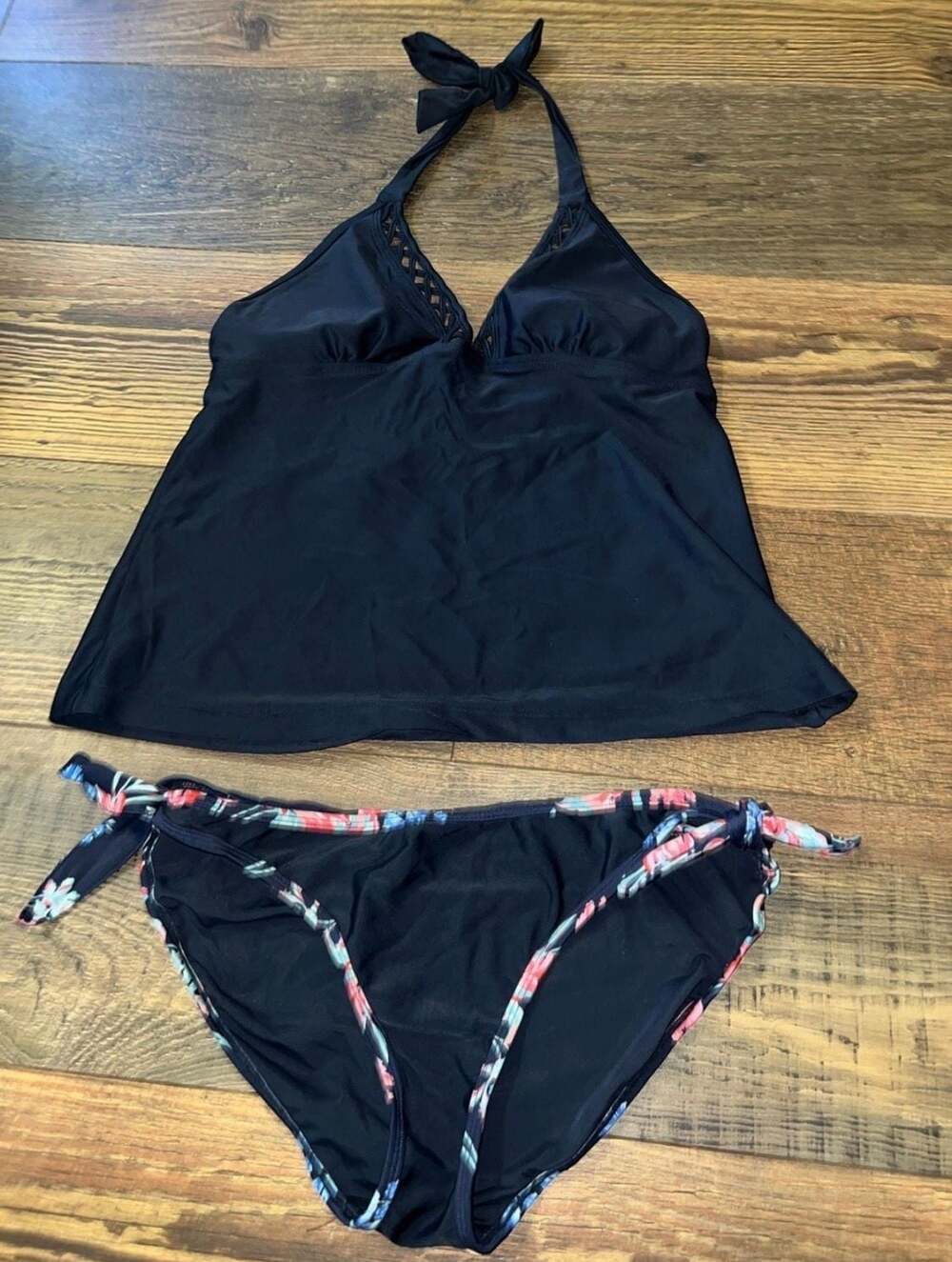 Women's Black Halter Tankini Top and Floral Bikini Bottom Swimsuit